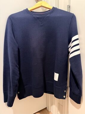 Thom Browne Navy Crewneck Sweater with White Sleeve Stripes